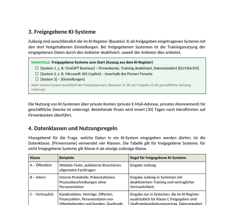 Ausschnitt aus der KI-Weisung mit grün markierten Entscheidungsstellen